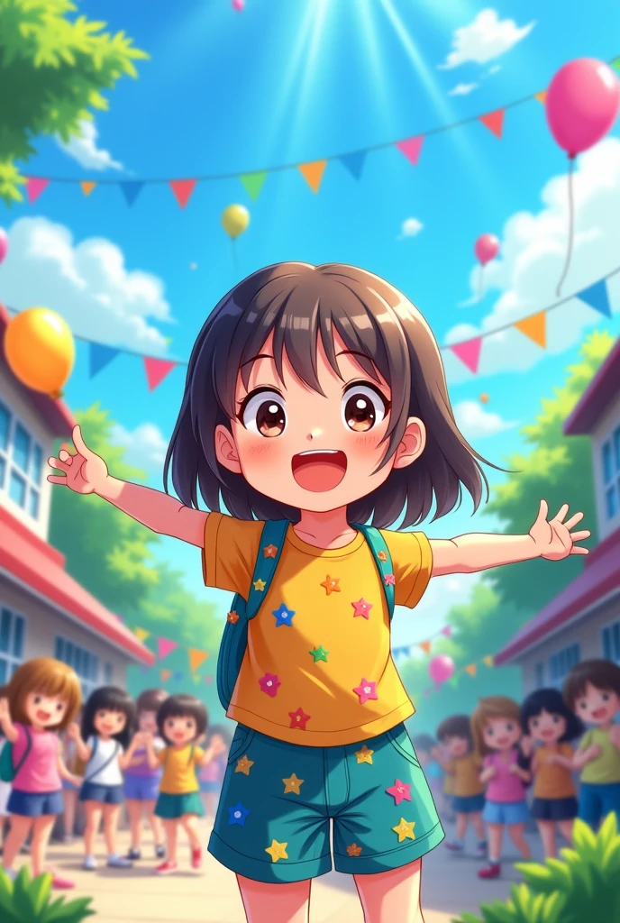 A cheerful, brightly dressed first-grader is going to a September t celebration in the style of a cartoon anime.