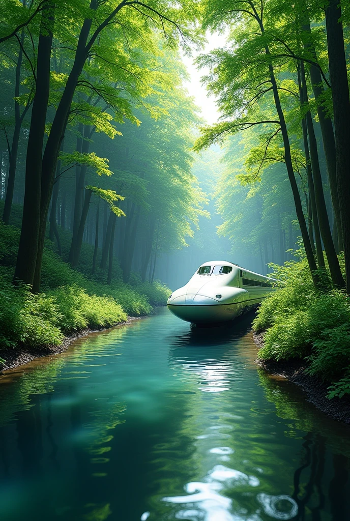 The Shinkansen is running sideways, surrounded by trees.々There is a river flowing in the middle.