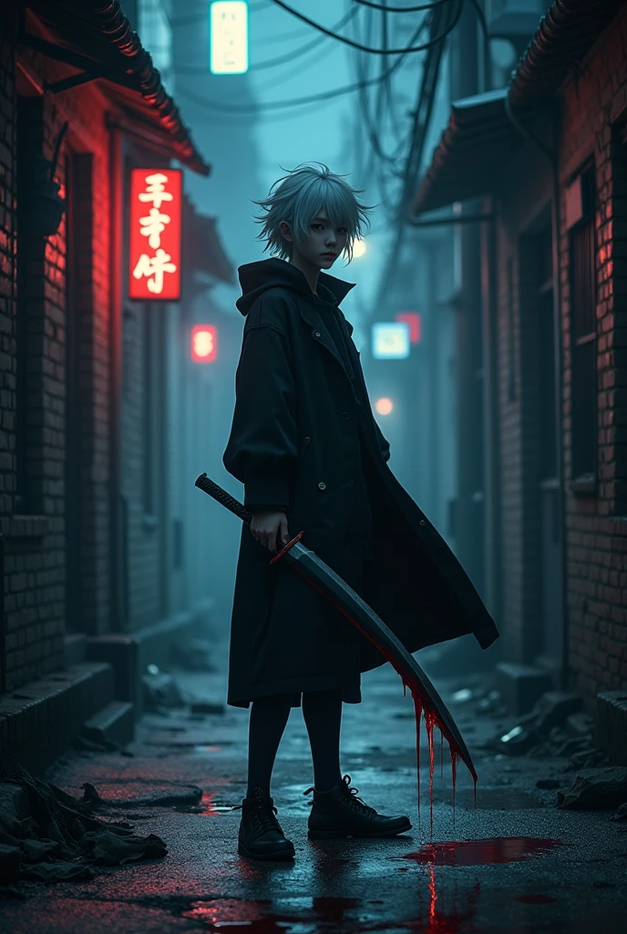 a ager with white comma hair,holding a bloody sword,cold face,cold-blooded,like Ikki Kurogane