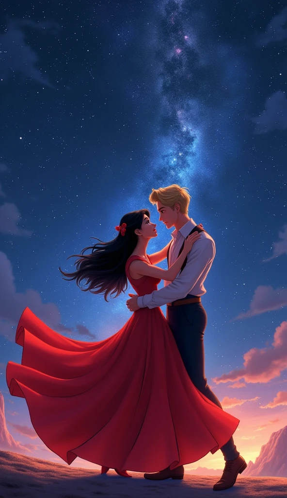 Generate am anime art of marientte dupain cheng and blond Adrien agreste dancing under the intense starry sky with several starss. Marientte wearing a long red dress