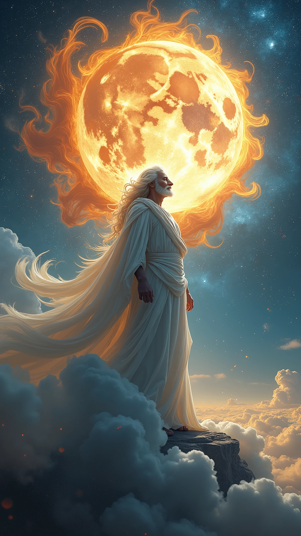 Majestic  god of clouds, sun and moon, wreathed in colorful smoke, cinematic, epic, smoke and particles, atmosphere, epic scale, atmospheric realistic, 4k, 