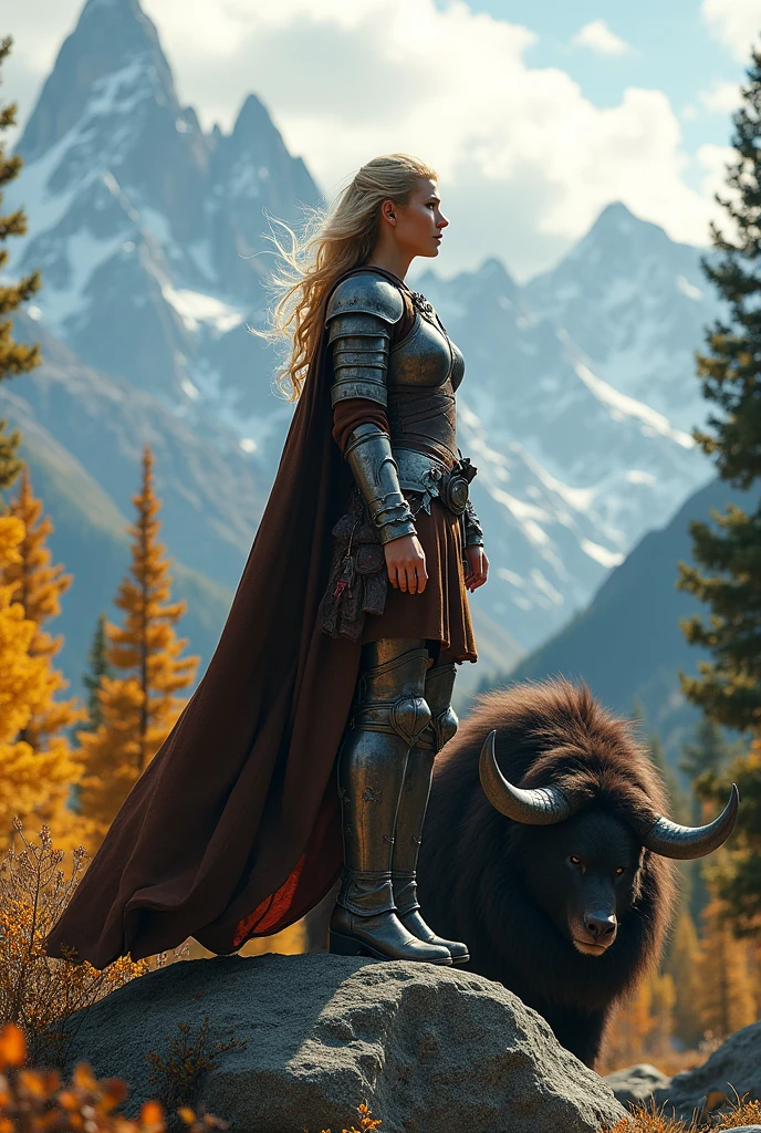 The image shows a formidable-looking warrior,, With blonde hair cascading in waves over her shoulders,. Dressed in medieval armor,, With metal plates and leather details,, Combined with a brown cape billowing behind her,. Her expression is determined and she appears to have just fought a fierce battle,.
She stands on a raised rock in a mountainous landscape,, With a majestic snowy peak in the background,, Partially covered by clouds,, Which gives the environment a mystical air,. The sky is clear, allowing natural light to illuminate the scene, Highlighting the cool colors of the mountains and the intense greens of the surrounding forest,.
At its feet lies the creature it has defeated.: A large beast,, With imposing horns and a robust body covered in dark fur.. The creature stands still,, With a large bleeding wound on its neck., And her presence highlights the ferocity of the combat that has taken place,.
The landscape around is covered with tall, slender trees,, With a mix of green leaves and autumnal vegetation in shades of orange and gold,. The atmosphere suggests a tranquil scene., but full of tension., As if the battle had a great impact on the environment..
In summary, The image portrays a moment of triumph amidst a breathtaking natural landscape,, Capturing the bravery and determination of the warrior against a powerful creature in an epic and wild setting..