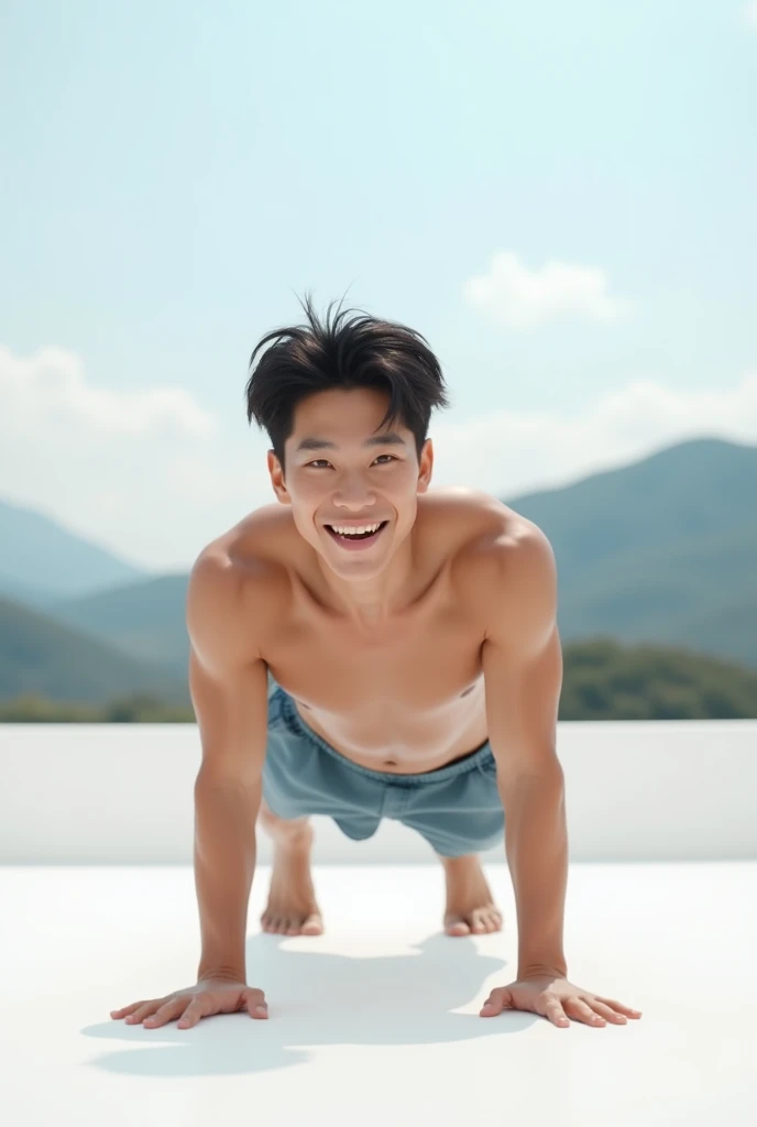 Hyper realistik 3D a young man Korea, ideal sispek body, doing push up with 1 hand on the floor with a laughing expression towards the camera wide camera shot, UHD, 18K, minimalist white background and montain