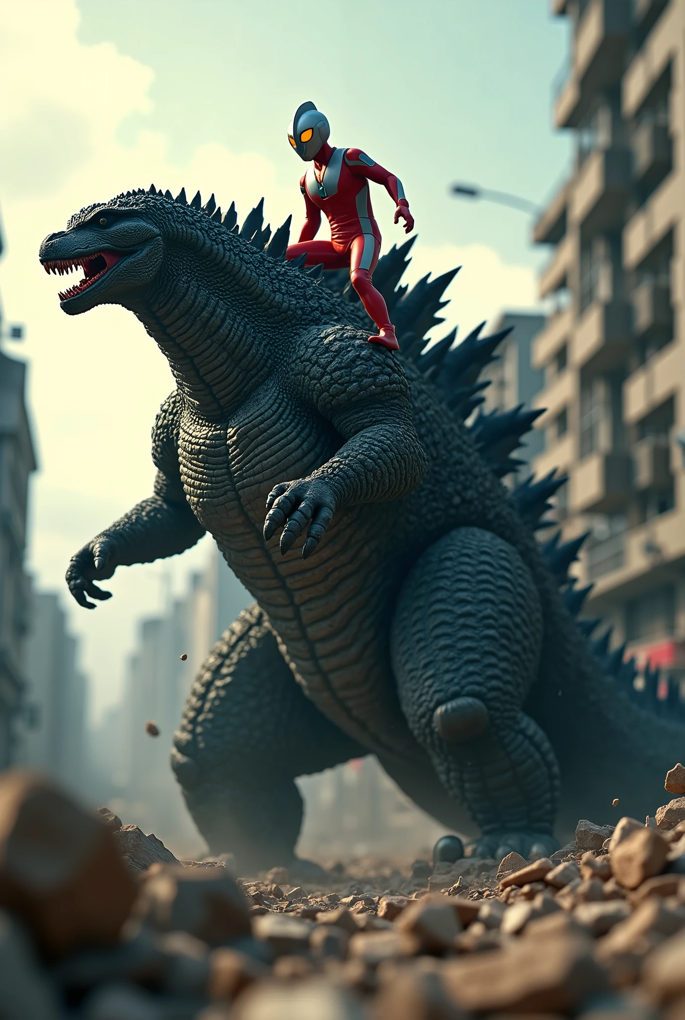 Tilt shift photography ultraman riding godzilla,godzilla mouth ripped open,brutal fight scene,cinematic lighting,highly detailed,realistic,photorealistic,extremely detailed,4k,8k,high resolution,best quality,masterpiece,ultra detailed,sharp focus,intense colors,dramatic shadows,dynamic composition,hyper realistic,cinematic angles,action poses,cinematic atmosphere
