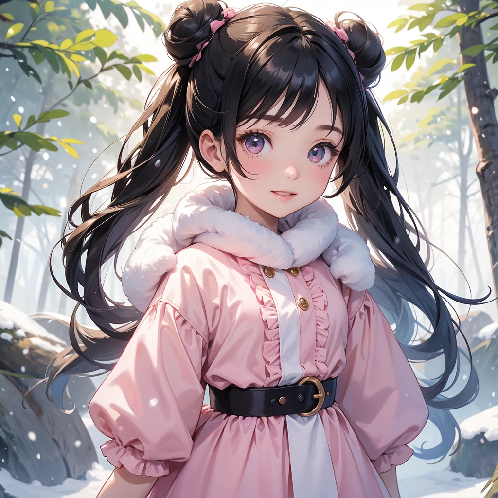 A chibi child girl had a small face and wearing a pink little tourist priest’s outfit, a pair of big round eyes shone with curiosity about him. This child was so cute, her hair is black with buns on her hair. Small chibi , chibi baby, smiling , chibi.

Walking in a forest covered in white snowstorms. A very strong blizzard The trees were completely covered with white snow.