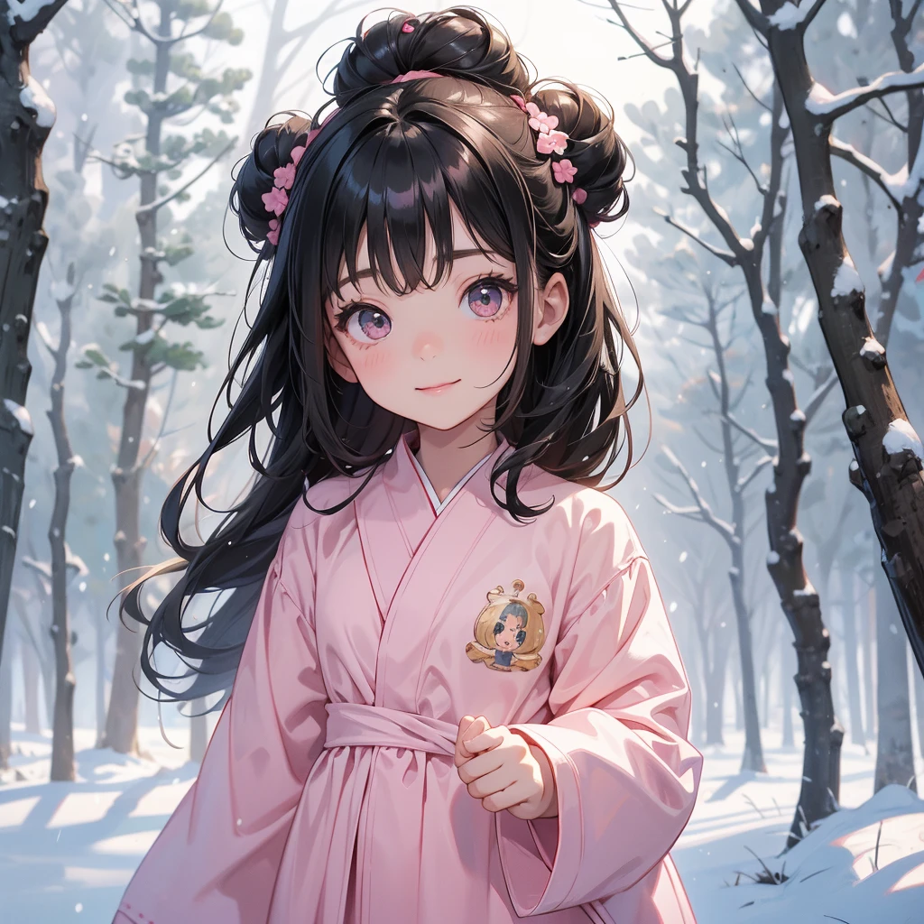 A chibi child girl had a small face and wearing a pink little tourist priest’s outfit, a pair of big round eyes shone with curiosity about him. This child was so cute, her hair is black with buns on her hair. Small chibi , chibi baby, smiling , chibi.
Walking in a forest covered in white snowstorms. A very strong blizzard The trees were completely covered with white snow.