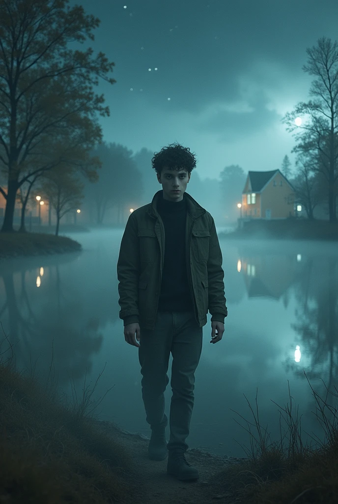 plano general, whole body, (Handsome young attractive teenager emerging from a thick fog:1.3, Strong gothic makeup) a town on the shores of the lake, a white birch forest and an apple orchard, a starry night, ((Matias_adolsson style!)), gloomy and foggy atmosphere, Surrealism, The absurdity of tenderness, Attraction and rejection of extraordinary appearance, naive magic art, primitivism, protogeno, , ((Best Quality, masterpiece)), ((more detail)), impression:1,1, 8k