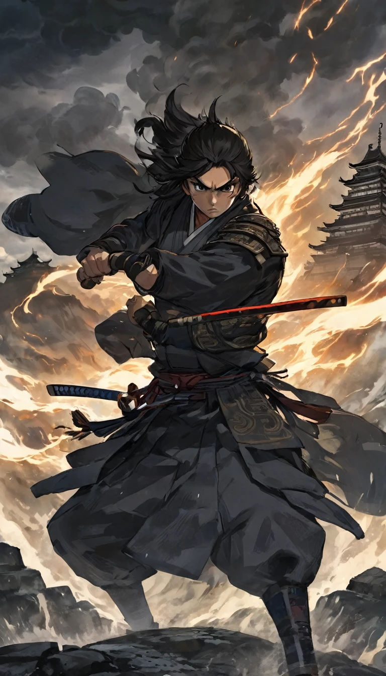 A shadowy samurai with clenched fists, intense eyes burning with anger, the castle barely visible in the background, as if he’s holding back a storm of fury.