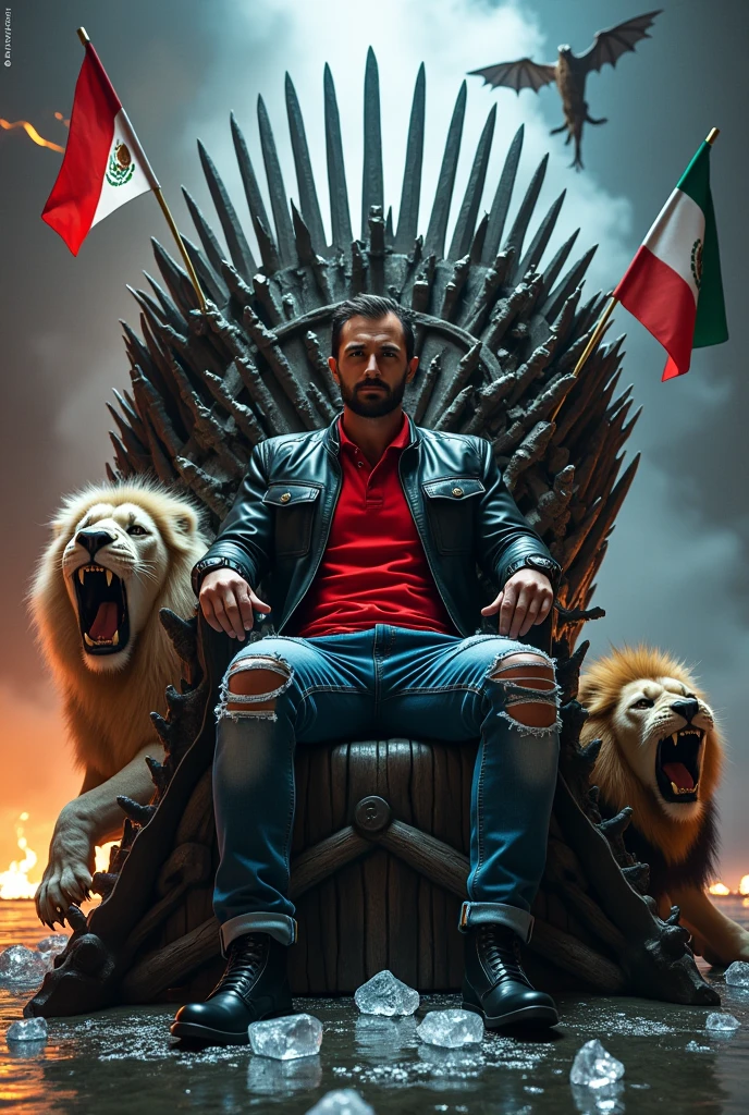 Create a man about 43 years old with ripped jeans , red polo shirt and black leather jacket sitting on the iron throne with black lace-up boots , Next to him there are two lions, one white and one brown, roaring, and two MEXICAN FLAGS, one on the throne and the other near the white lion.,On the left side there is a DRAGON BREATHING FIRE FLYING and on the right side a DRAGON FLYING SHOOTING LIGHTNING FROM ITS MOUTH. You can see the text "OMEY" There are melted ice cubes with water on the floor. Everything is well detailed, Luxury premiere style. Camera shot of 10k