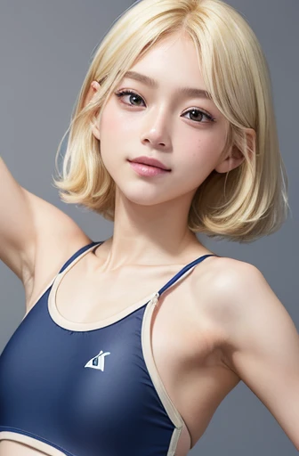 ((cowboyshot:1.3)),armpits,Create a photo of a korean Asian teenager,((beautiful cute idol girl:1.5)), ((light blonde hair:1.5)),yo,narrow eyes:1.5,slim face,slim neck,((thinbody:1.5)),((rasping)),((frat chest)),((clavicle)),((ribs)),((Narrow eyes:1.5))、((Narrow eyes:1.5))、(Thin arms)、(Thin neck)、(Thin lips:1.5)、Smile、Beautiful armpits:1.5,Cute expression、Hairless、((slimarms:1.5)),small face:1.4,(Navy blue new school swimsuit:1.5),((slimface))