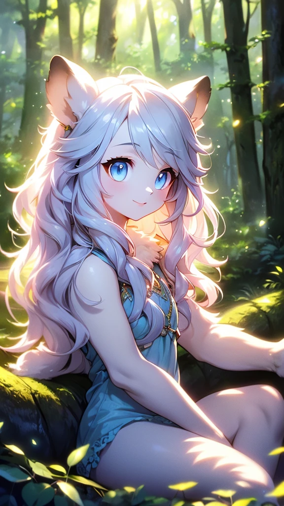 a beautiful otter girl with light fur, blue eyes, happy expression, long light hair, sitting in a moonlit forest, adult, detailed face, long fluffy tail, realistic, photorealistic, 8k, best quality, masterpiece, highly detailed, intricate details, cinematic lighting, warm colors, glowing skin, dramatic shadows, ethereal atmosphere, whimsical, magical realism