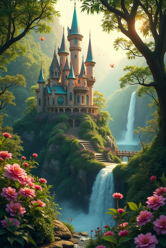 enchanted fairy castle, fantasy kindle in the jungle, colors of the rainbow