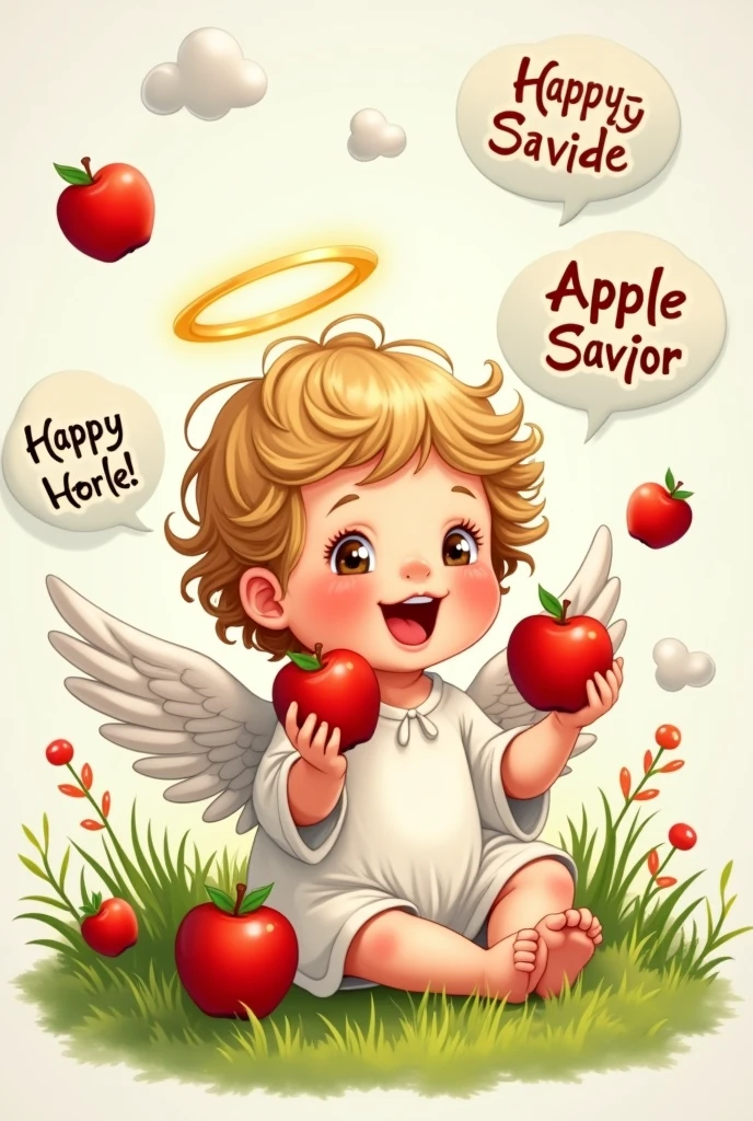 drawn drawing, Sticker, In the style of an illustration, a beautiful little angel - a child in the grass, Sticker, light eyes, halo overhead, smile, Sticker, apples in hand, Sticker, Apple Savior holiday, words of congratulations