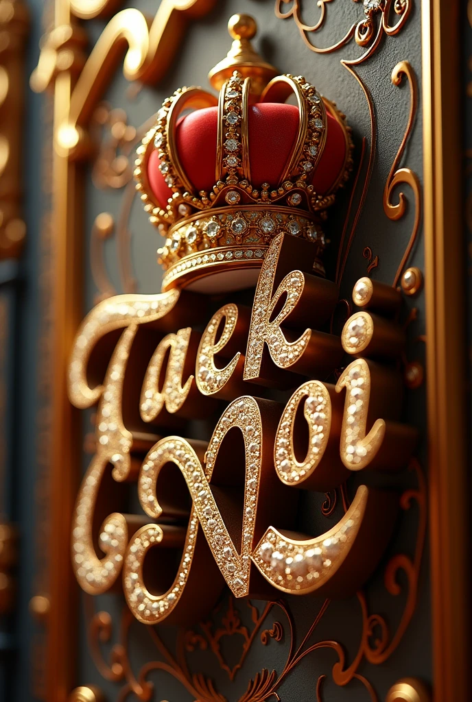 Write the name "Taek Ga Noi" in gold and diamonds with a crown on top and on a very creative wall with a very luxurious design.