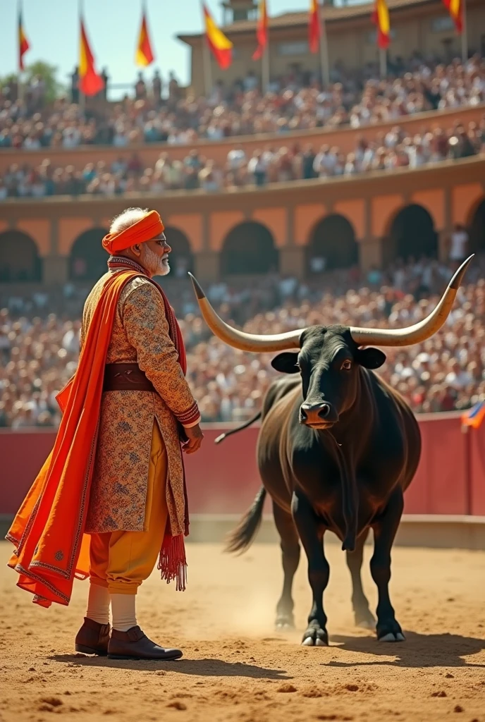 Create an image where the Indian Prime Minister Mr. Narendra Modi is taming a spanish bull. 