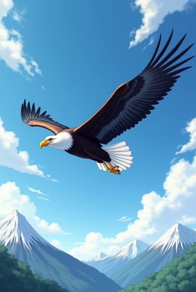 A Steller's sea eagle is captured from below as it spreads its wings.、The background features an illustration of Hokkaido