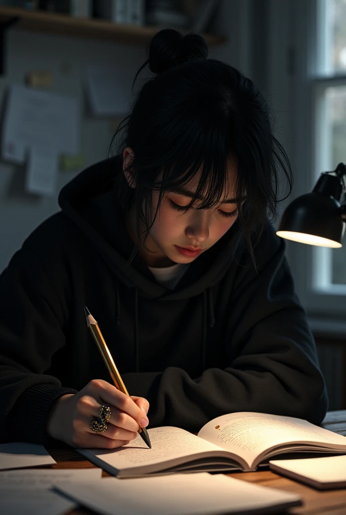 (black haired,shoulder touching)dark brown eyes,pale skin,and with slander form,smaller lips,and round,tired eyes.
16 age boy
I had my black hair tied up in a loose bun at the back of my head,my eyes focused on my notebook,my hands writings rapidly
I had a black hoodie covering my masculine,thin body,and long black pants,pale skin,and slander fingers with a snake shaped ring in the fire finger

Create a picture based on this