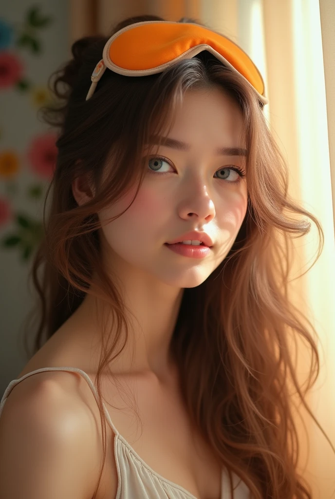Brown Hair、Hair splashed outside、blue eyes、Sleepy look、Orange eye mask