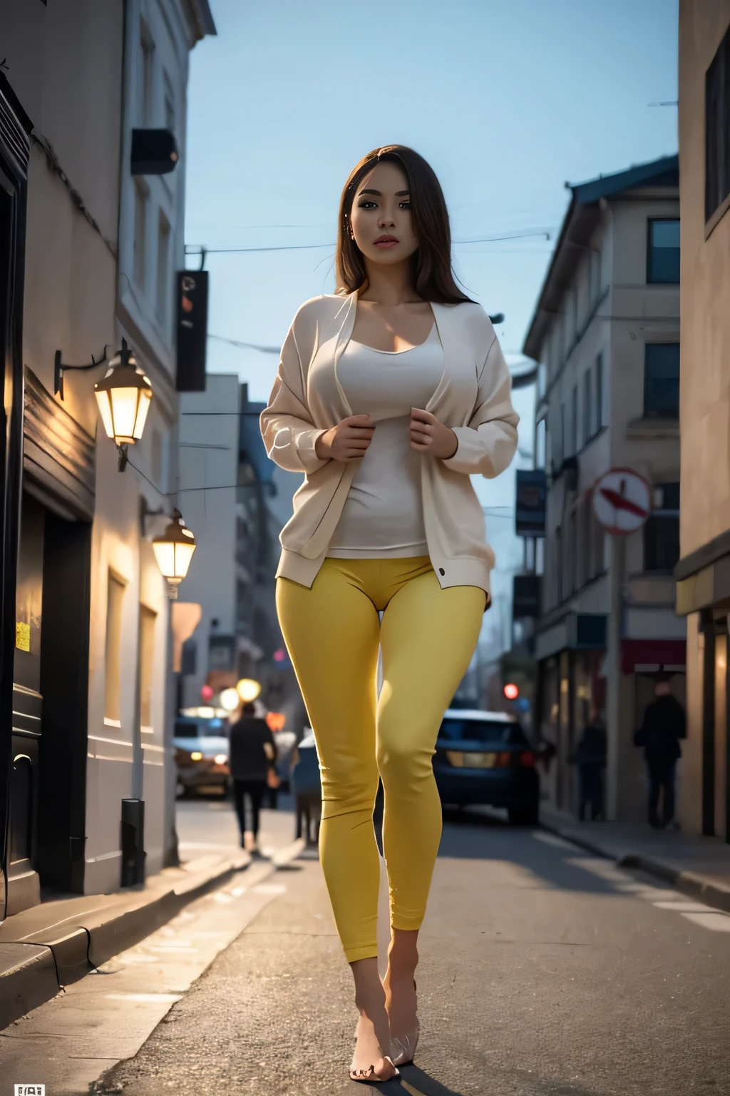 best quality, masterpiece, cinematic lighting, intricate, cinematic detailed realistic background, detailed face, full body, big breasts, realistic, ligne claire, , , 1girl jogging, cityscape, night, tied shirt, looking at viewer, tattoo, model pose, open cardigan, ringed yellow eyes, streetlight, lamppost, yoga pants, split-color hair, , ,  