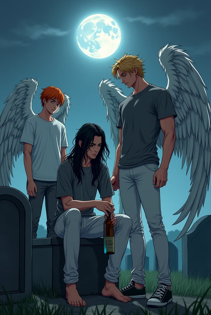 In the middle is a guy with long black hair, gray eyes, Beautiful face, Beautiful skinny body, black T-shirt, black trousers, sad, sits with a bottle of alcohol in a cemetery in front of a tombstone. On the right, there is a guy, blond, Beautiful, Pumped up body, in a gray shirt and white pants with large angel wings and brown eyes. On the left, there is a guy with orange hair, in a white T-shirt and dark, and gray pants, Blue eyes, Large angel wings. anime art, masterpiece, realistically, super detail, Hand detailing, 
