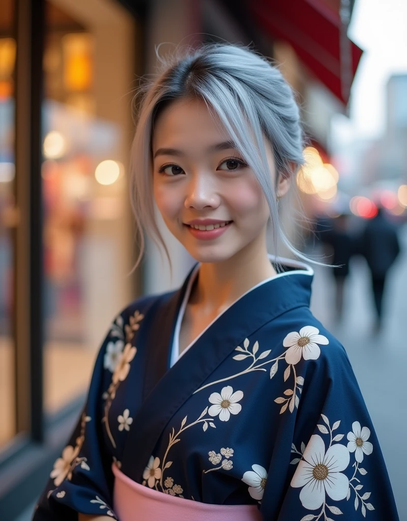 (RAW photo, best quality, masterpiece: 1.2), (photorealistic: 1.4), best lighting, 20 years old, (light gray hair, short cut, hair over one ear, Symmetrical eyes, fair skin, solo, Detailed Skin, Detailed Background:1.2), Latin Spanish girl, photographed in front of a department store window, wearing a navy yukata with white floral patterns, hair tied back, smiling, wearing a light pink sash, evening,