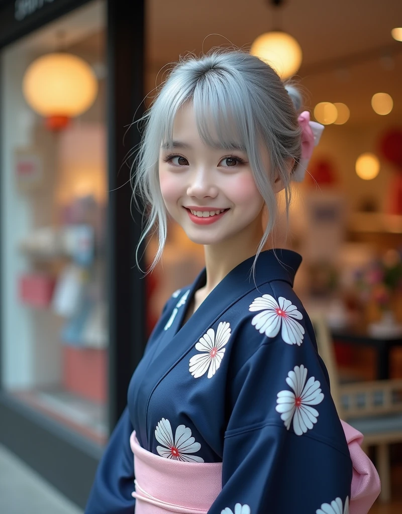 (RAW photo, best quality, masterpiece: 1.2), (photorealistic: 1.4), best lighting, 20 years old, (light gray hair, short cut, hair over one ear, Symmetrical eyes, fair skin, solo, Detailed Skin, Detailed Background:1.2), Latin Spanish girl, photographed in front of a department store window, wearing a navy yukata with white floral patterns, hair tied back, smiling, wearing a light pink sash, evening,