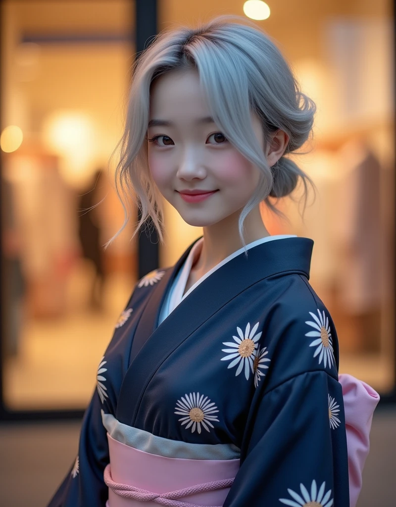 (RAW photo, best quality, masterpiece: 1.2), (photorealistic: 1.4), best lighting, 20 years old, (light gray hair, short cut, hair over one ear, Symmetrical eyes, fair skin, solo, Detailed Skin, Detailed Background:1.2),　Latin Spanish girl, photographed in front of a department store window, wearing a navy yukata with white floral patterns, hair tied back, smiling, wearing a light pink sash, evening,