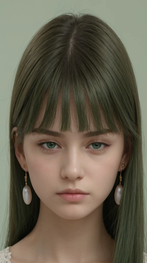 a girl. European. Extremely detailed face. Oval face. Delicate facial features. Half-closed eyes. Long straight hair. Messy hair. bangs. Green hair. Green eyes. pearl hoop earrings. very angry. sad. Shy
