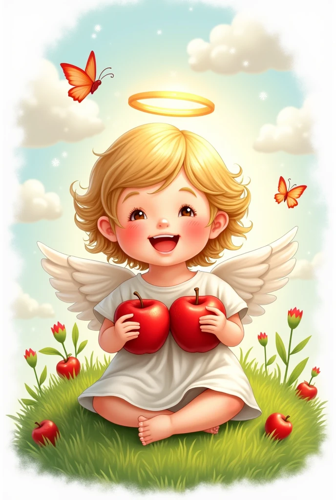 drawn drawing, Sticker, In the style of an illustration, a beautiful little angel - a child in the grass, Sticker, light eyes, halo overhead, smile, Sticker, apples in hand, Sticker, Apple Savior holiday, words of congratulations 