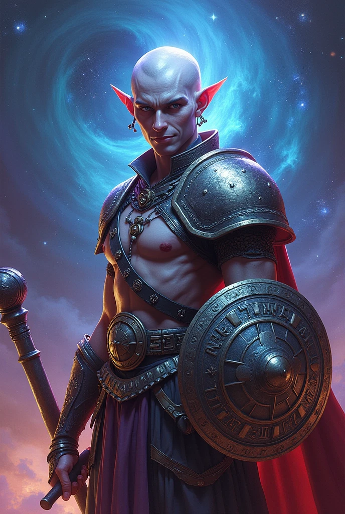 githyanki, solo, single person, bald head, spiky earrings, handsome, male, smirking, white chain mail armor, flail, shield, ((masterpiece, best quality)), art by greg rutkowski, artwork trending on artstation