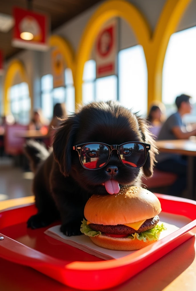 A black shih tzu puppy eating at McDonald's wearing sunglasses