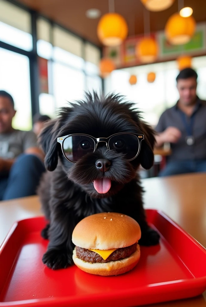 A black shih tzu puppy eating at McDonald's wearing sunglasses