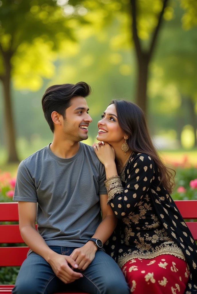 A young couple is sitting on a red bench in a park, a 17 year old young slim boy wearing a grey shirt and t-shirt and a 19 year old young girl wearing a black and golden design pakistani suit, the young Indian boy has his hand on the young girl's neck and they both are looking at the camera. They are in love and happy together. There is a blurred image of green trees and plants in the background. The image is shot in a