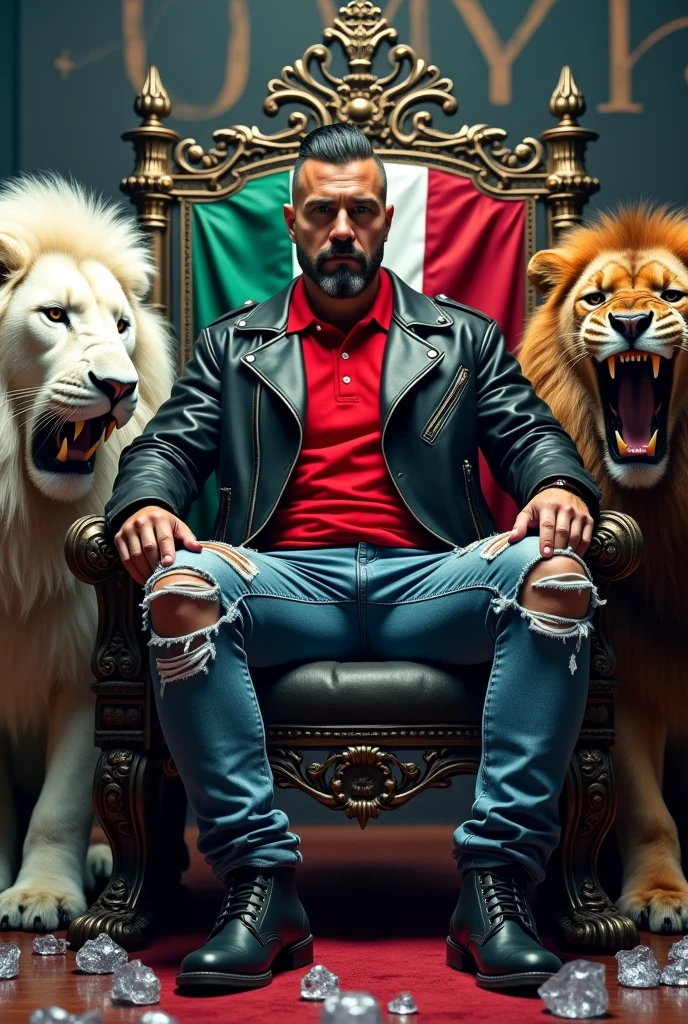 Create a man about 43 years old with ripped jeans , red polo shirt and black leather jacket sitting on the iron throne with black lace-up boots , Next to him there are two lions, one white and one brown, roaring, and two MEXICAN FLAGS, one on the throne and the other near the white lion.,On the left side there is a DRAGON BREATHING FIRE FLYING and on the right side a DRAGON FLYING SHOOTING LIGHTNING FROM ITS MOUTH. You can see the text "OMEY" There are melted ice cubes with water on the floor. Everything is well detailed, Luxury premiere style. Camera shot of 10k