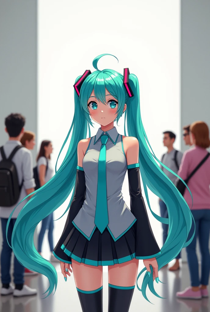 Anime art, anime style, detailed drawing, white background, high definition, high quality, one girl, solo, Hatsune Miku, aqua hair, twin tails, head ornament, headphones, number tattoo "01" (red, located on her left hand), grey sleeveless collared shirt, black detached sleeves with aqua lines, five fingers with aqua nails, aqua necktie, black pleated mini skirt with aqua lines, zettai ryouiki, thigh-high black boots with aqua lines.
Everyone in the museum is looking at a painting of Hatsune Miku on the wall.