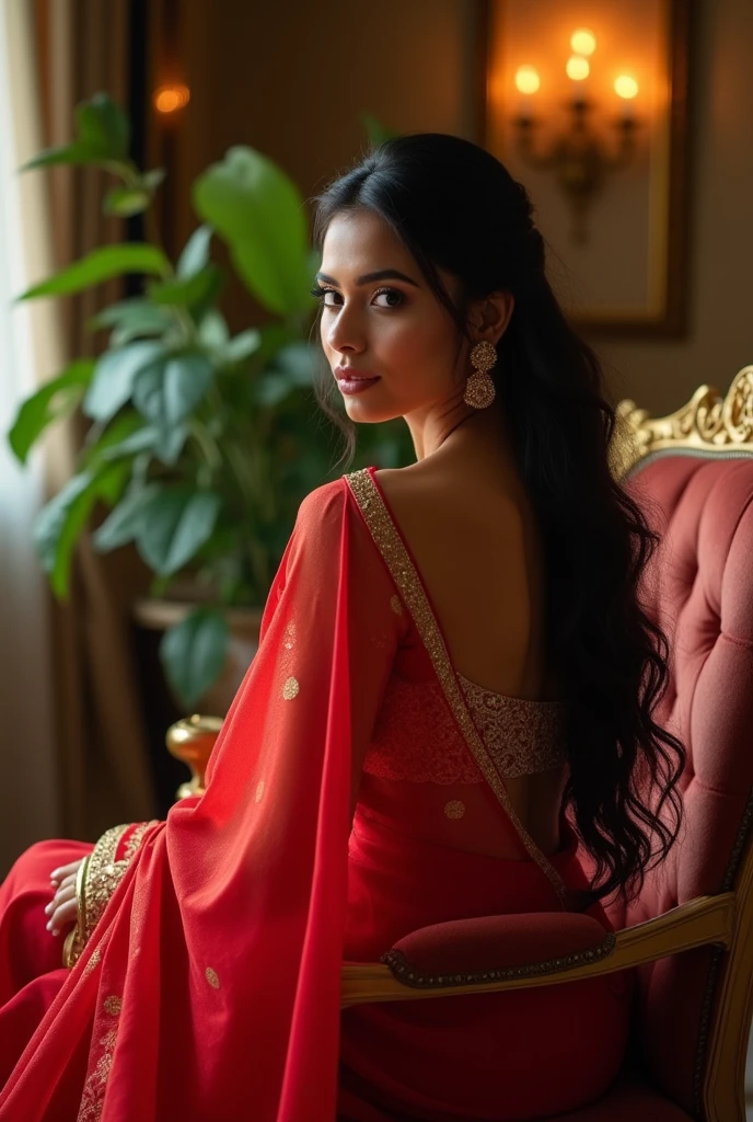 A beautiful indian women with big boobs her skin is white wearing a redcolour saree sitting in a chair show offing her big butt from bacj