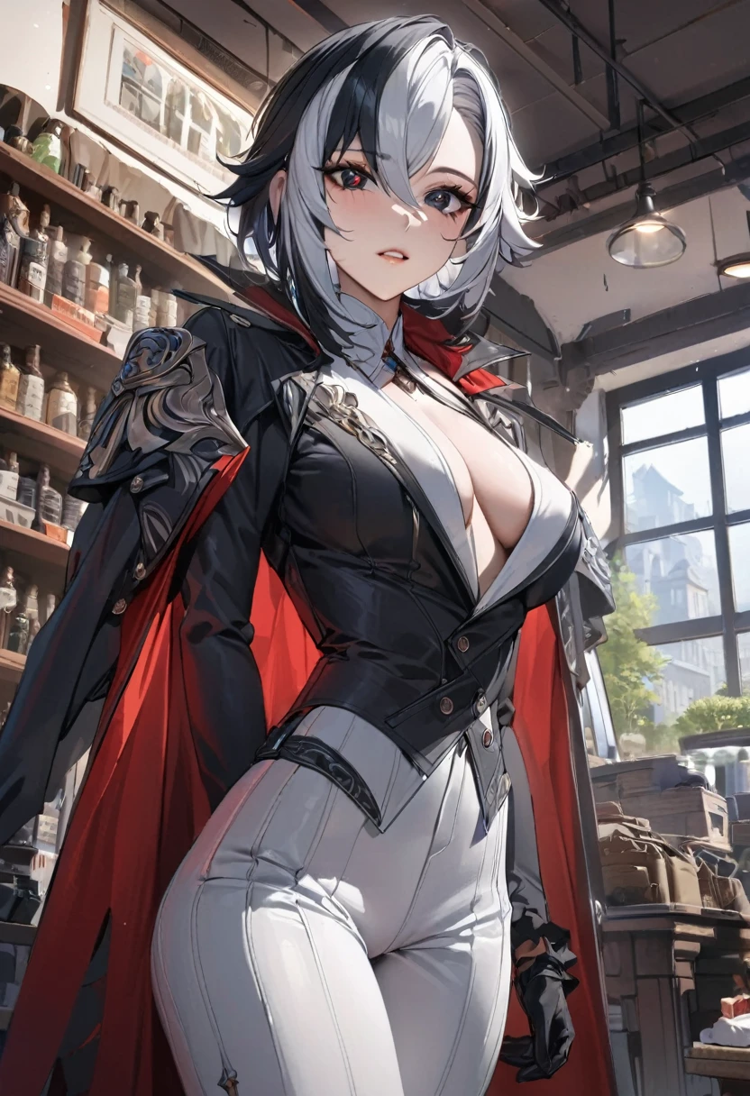 absurdres, (best quality), (masterpiece),(ultra-detailed:1.2),(highres),elaborate, cowboy shot ,1girl, solo, photorealistic, arle_suit, white hair, black hair, multicolored hair, black eyes, x-shaped pupils, gloves, shop, fantastic scenery, window, candid modelshoot style, (fcPortrait:0.8), [(going towards viewer:1.1)::0.8],
