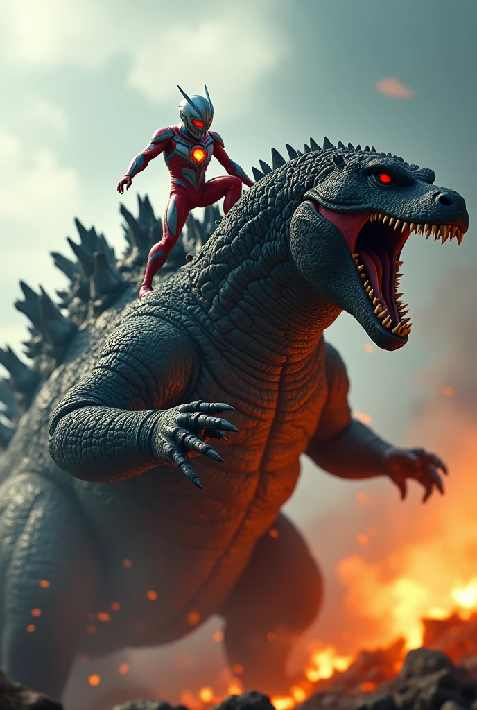 Tilt shift photography ultraman taro riding godzilla,godzilla mouth ripped open,brutal fight scene,cinematic lighting,highly detailed,realistic,photorealistic,extremely detailed,4k,8k,high resolution,best quality,masterpiece,ultra detailed,sharp focus,intense colors,dramatic shadows,dynamic composition,hyper realistic,cinematic angles,action poses,cinematic atmosphere