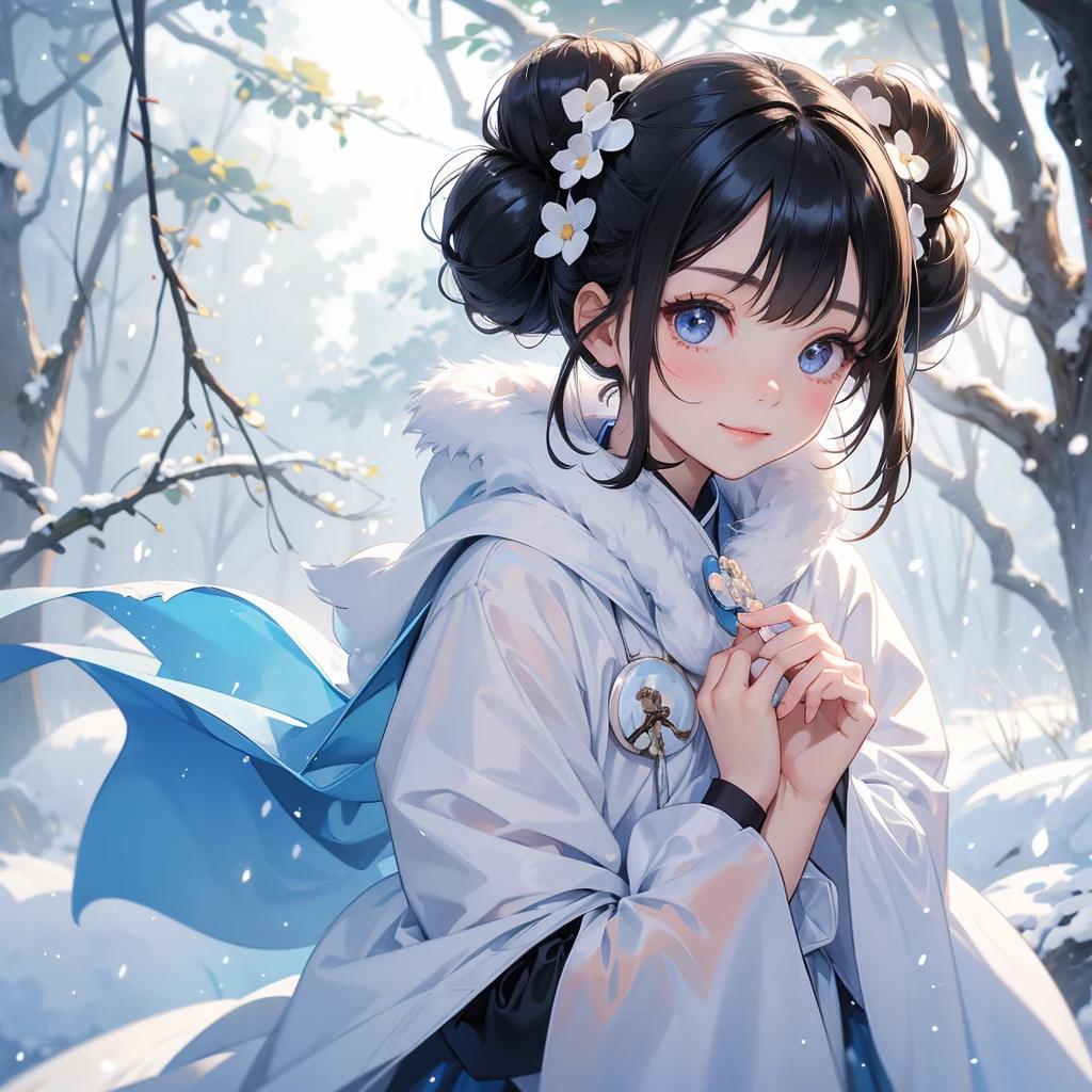 A chibi child girl had a small face and wearing a blue little tourist priest’s outfit, a pair of big round eyes shone with curiosity about him. This child was so cute, her hair is black with buns on her hair. Small chibi , chibi baby, smiling , chibi.
Walking in a forest covered in white snowstorms. A very strong blizzard The trees were completely covered with white snow.