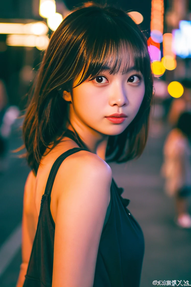 Single girl, summer, city, Osaka street, evening, city lights, upper body, close-up, 8k, RAW photo, highest quality, masterpiece, real, photorealistic,