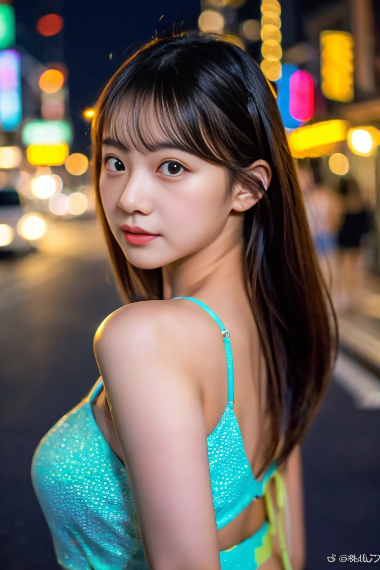 Single girl, summer, city, Osaka street, evening, city lights, upper body, close-up, 8k, RAW photo, highest quality, masterpiece, real, photorealistic,