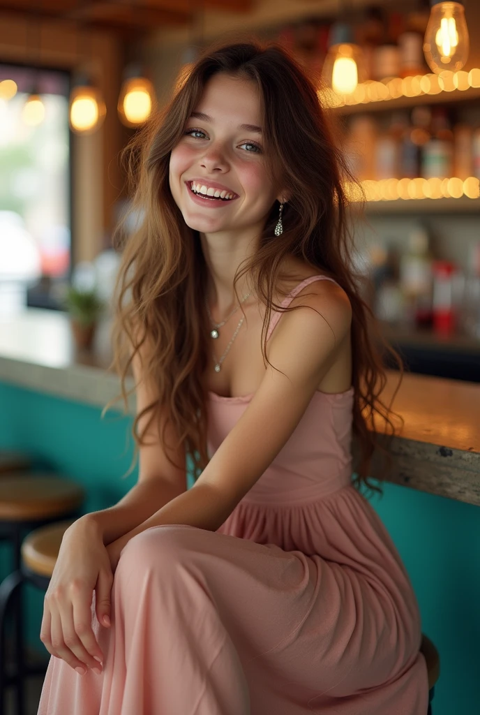 ((Shot in the knee)), ((From below)),A young girl, wear a skirt,At the bar, sit on the chair, Cross your legs, Posing elegantly, Detailed scenario, Messy long hair, Brown hair, Light makeup, Blush Blush, Beautiful slender legs, (Extremely saturated colors), detail, Extremely detailed, (masterpiece, best quality), (Extremely exquisite and beautiful work), Delicate earrings, Beautiful necklace, Simple blur background, Very detailed description, Super Fine, Delicate face, slim, Thin waist, (Grin), (Anatomically correct),whole body,barefoot