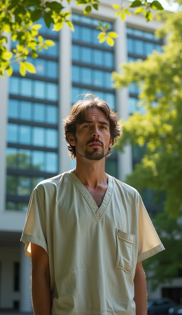 A tired patient in front of the hospital, with hope in his eyes.