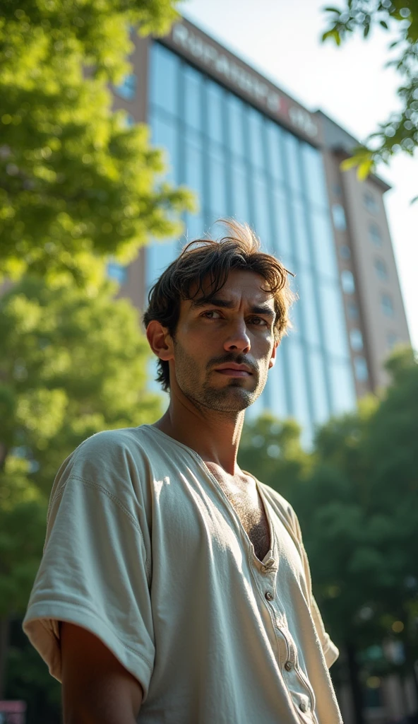 A tired patient in front of the hospital, with hope in his eyes.