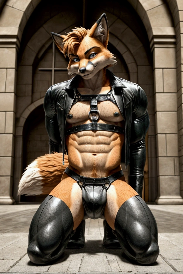 Fox, tails from sonic the hedgehog, A handsome Young tails, athletic build, ideal body, aesthetically beautiful, erotically tempting, seducing, offering himself, leather posing, With round perfect buttocks, muscular, sweaty after a workout, crop top, harness, leather jacket unzipped front, Christian, worship, god, church, street photography, amateur, on all fours