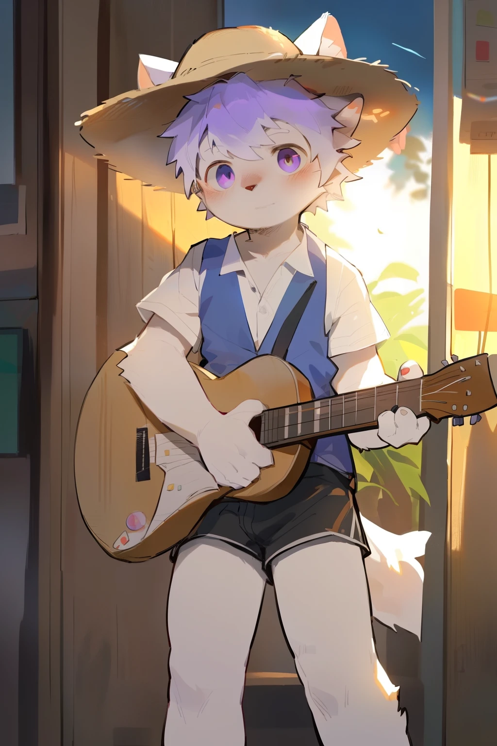 masterpiece, best quality, Perfect anatomical structure, Bright Eyes, Big watery eyes, From milkytiger1145, author:K0BIT0WANI,Alone,Hairy male,Hairy body,exhibit,prairie wolf,Canines,Gray fur,Long white hair,Purple hair ends,Purple Eye,Being bullied,cute,Handsome,Big Tail,Play the guitar,Summer vest,Summer shorts,Straw hat,((Boy,shota)),boy,Pino Deheny, Carney announced, milkytiger1145,