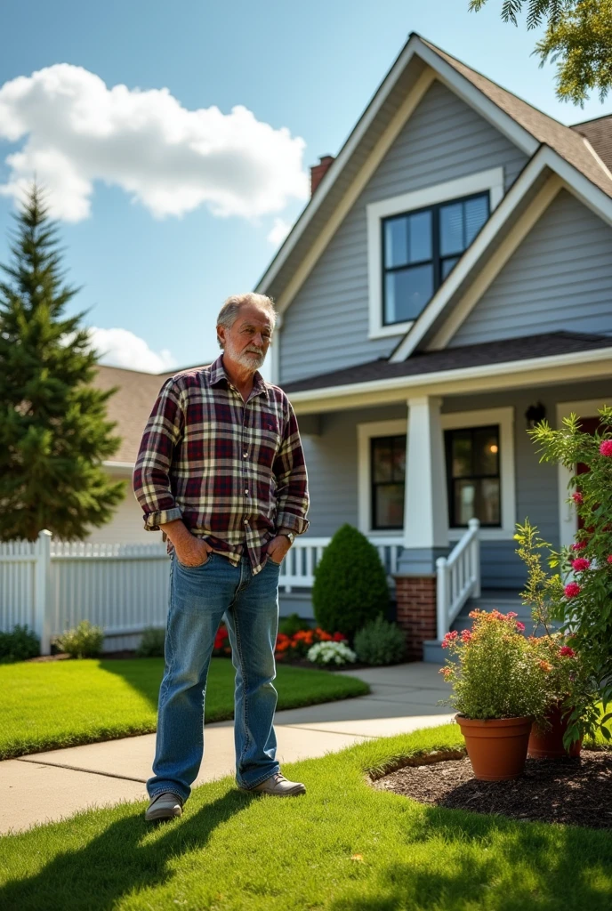 A man toileting in front of house