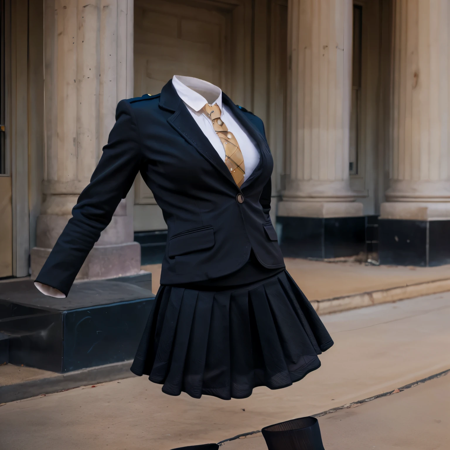 (invisible, no humans, headless, handless, faceless:1.5),cute big breasts, dynamic angle, white shirt, pleated skirt, striped necktie, collared shirt, black jacket, black skirt, long sleeves, school uniform, black socks, sarashina ruka, best quality, high resolution, (8k, RAW photo, best quality, masterpiece:1.2), (realistic, photo-realistic:1.37), photon mapping, radiosity, ((Hasselblad photography)), physically-based rendering