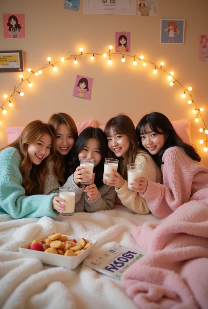 There's an image of the girl group TWICE lying in bed with milk and asking for money