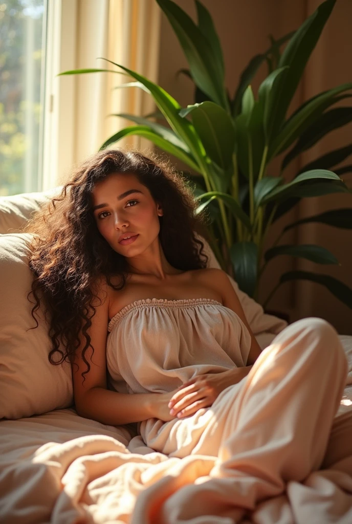 (photorealism:1.2), beautiful woman, sitting on bed, wearing loose off-shoulder top, pajama pants, long curly hair, indoors, soft lighting, plants in background, window with sunlight, cozy room, relaxed pose, realistic, intricate details, warm colors, by Greg Rutkowski, by Alphonse Mucha